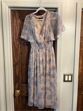 Lulu's Cream and Light Blue Floral Midi Dress
